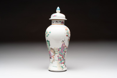 Three Chinese famille rose covered vases, one on a gilt bronze stand, and a covered jar, 19/20th C.