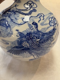 A Chinese blue and white bottle vase with narrative design, Qianlong mark, 19th C.