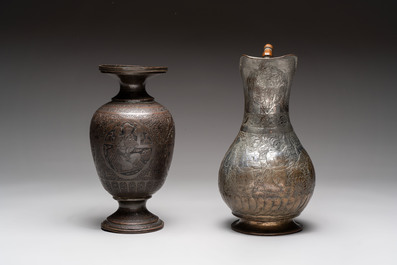 A tinned copper ewer, a vase and a dish, Qajar, 19/20th C.