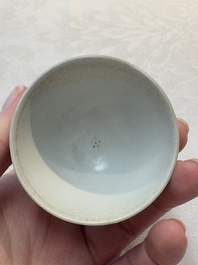 Thirteen Chinese blue and white 'Hatcher Cargo' cups and three celadon-glazed cups, Transitional period