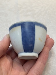 Thirteen Chinese blue and white 'Hatcher Cargo' cups and three celadon-glazed cups, Transitional period