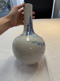 A Chinese blue and white bottle vase with narrative design, Qianlong mark, 19th C.