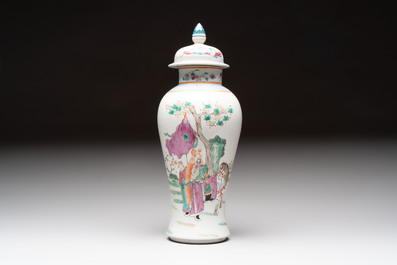 Three Chinese famille rose covered vases, one on a gilt bronze stand, and a covered jar, 19/20th C.