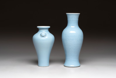 Two Chinese claire-de-lune vases, one with a wooden stand, Kangxi and Yongzheng mark, 19th C.