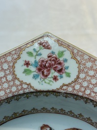 A rare Chinese famille rose hexagonal armorial plate with the arms of Jephson impaling Chase, Yongzheng, ca. 1735