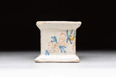 A polychrome Dutch maiolica salt, excavated in The Hague, probably Verstraeten workshop, Haarlem, 17th C.