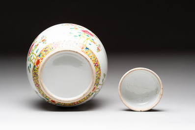Three Chinese famille rose covered vases, one on a gilt bronze stand, and a covered jar, 19/20th C.