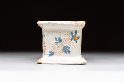 A polychrome Dutch maiolica salt, excavated in The Hague, probably Verstraeten workshop, Haarlem, 17th C.