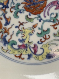 A Chinese doucai plate with floral design, Qianlong mark, 20th C.
