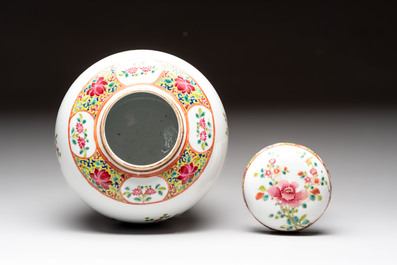Three Chinese famille rose covered vases, one on a gilt bronze stand, and a covered jar, 19/20th C.