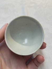 Thirteen Chinese blue and white 'Hatcher Cargo' cups and three celadon-glazed cups, Transitional period