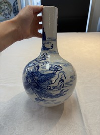 A Chinese blue and white bottle vase with narrative design, Qianlong mark, 19th C.