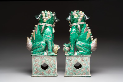 A pair of large Chinese verte biscuit Buddhist lions, 19th C.