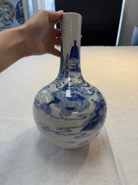 A Chinese blue and white bottle vase with narrative design, Qianlong mark, 19th C.