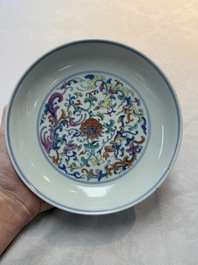 A Chinese doucai plate with floral design, Qianlong mark, 20th C.