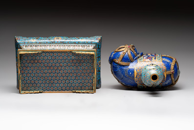 A Chinese lapis lazuli and cloisonn&eacute; elephant on stand, 19/20th C.
