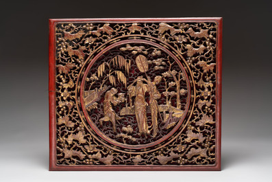 Six Chinese gilt lacquered panels with narrative design, 19th C.