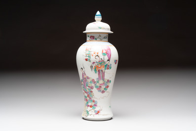 Three Chinese famille rose covered vases, one on a gilt bronze stand, and a covered jar, 19/20th C.