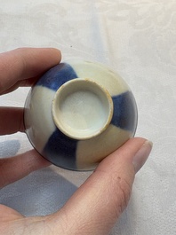 Thirteen Chinese blue and white 'Hatcher Cargo' cups and three celadon-glazed cups, Transitional period