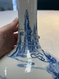 A Chinese blue and white bottle vase with narrative design, Qianlong mark, 19th C.