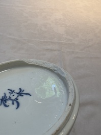 A Chinese blue and white octagonal vase and a plate with floral design, Kangxi
