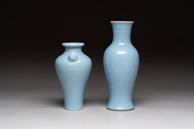 Two Chinese claire-de-lune vases, one with a wooden stand, Kangxi and Yongzheng mark, 19th C.