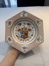 A rare Chinese famille rose hexagonal armorial plate with the arms of Jephson impaling Chase, Yongzheng, ca. 1735