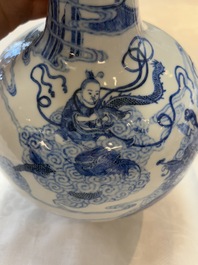 A Chinese blue and white bottle vase with narrative design, Qianlong mark, 19th C.