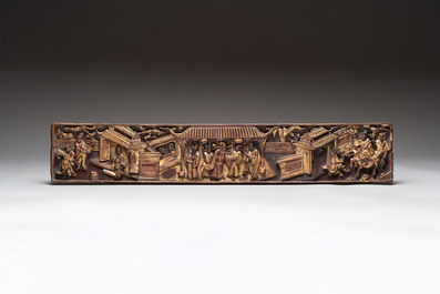 Six Chinese gilt lacquered panels with narrative design, 19th C.