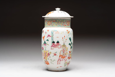 Three Chinese famille rose covered vases, one on a gilt bronze stand, and a covered jar, 19/20th C.