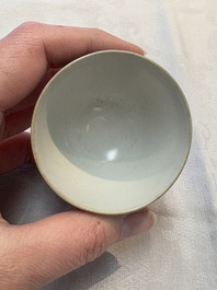 Thirteen Chinese blue and white 'Hatcher Cargo' cups and three celadon-glazed cups, Transitional period