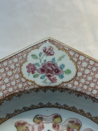 A rare Chinese famille rose hexagonal armorial plate with the arms of Jephson impaling Chase, Yongzheng, ca. 1735