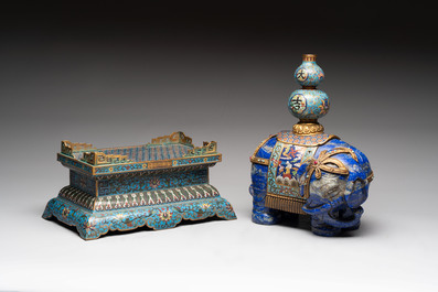 A Chinese lapis lazuli and cloisonn&eacute; elephant on stand, 19/20th C.