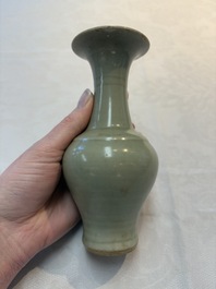 A pair of white-glazed oil lamps, a Longquan celadon vase and Yaozhou celadon box and cover, Ming/Qing