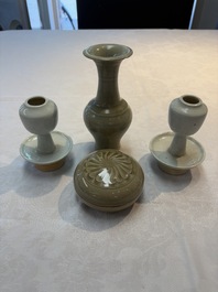 A pair of white-glazed oil lamps, a Longquan celadon vase and Yaozhou celadon box and cover, Ming/Qing