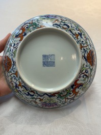 A Chinese doucai plate with floral design, Qianlong mark, 20th C.
