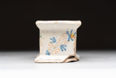 A polychrome Dutch maiolica salt, excavated in The Hague, probably Verstraeten workshop, Haarlem, 17th C.