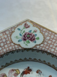 A rare Chinese famille rose hexagonal armorial plate with the arms of Jephson impaling Chase, Yongzheng, ca. 1735