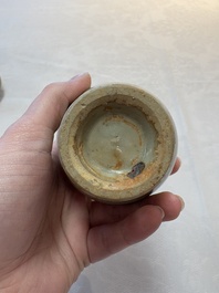 A pair of white-glazed oil lamps, a Longquan celadon vase and Yaozhou celadon box and cover, Ming/Qing
