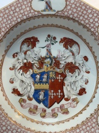 A rare Chinese famille rose hexagonal armorial plate with the arms of Jephson impaling Chase, Yongzheng, ca. 1735