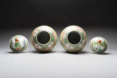 A pair of Chinese famille verte yellow-ground 'Xi Xiang Ji' vases and covers, 19th C.