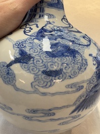 A Chinese blue and white bottle vase with narrative design, Qianlong mark, 19th C.