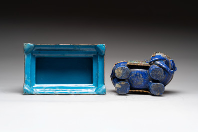 A Chinese lapis lazuli and cloisonn&eacute; elephant on stand, 19/20th C.