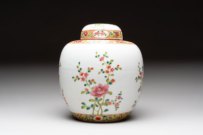 Three Chinese famille rose covered vases, one on a gilt bronze stand, and a covered jar, 19/20th C.