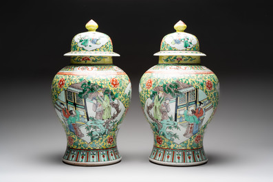 A pair of Chinese famille verte yellow-ground 'Xi Xiang Ji' vases and covers, 19th C.
