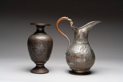 A tinned copper ewer, a vase and a dish, Qajar, 19/20th C.