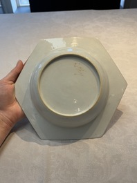 A rare Chinese famille rose hexagonal armorial plate with the arms of Jephson impaling Chase, Yongzheng, ca. 1735