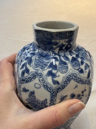 A Chinese blue and white octagonal vase and a plate with floral design, Kangxi