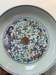 A Chinese doucai plate with floral design, Qianlong mark, 20th C.