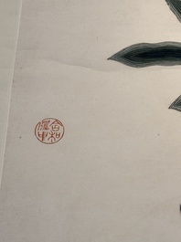 In the manner of Chen Shaofeng 陳兆鳳 (Late Qing Dynasty): 'Qinggong 清供', ink and colour on paper, Cixi mark, 20th C.